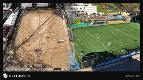 Çamurla kaplanmış Ayazağa Atatürk Stadı sahası ve temizlik çalışmaları