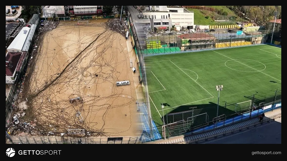 Çamurla kaplanmış Ayazağa Atatürk Stadı sahası ve temizlik çalışmaları