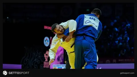 Milli Gimnastika Arenasında medal qazanan Azərbaycan cüdoçuları və bayraqlar