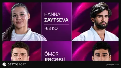 Tatamidə mübarizə aparan cüdoçular və hakimlər