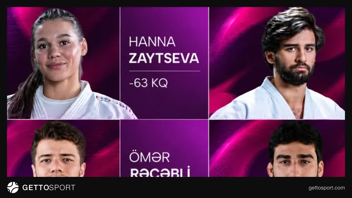Tatamidə mübarizə aparan cüdoçular və hakimlər