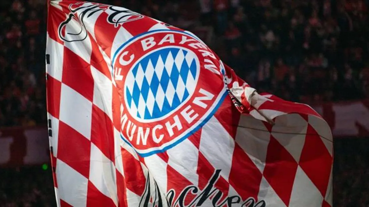 Bayern Münih logosu önünde stadyum ve hissedar yazısı