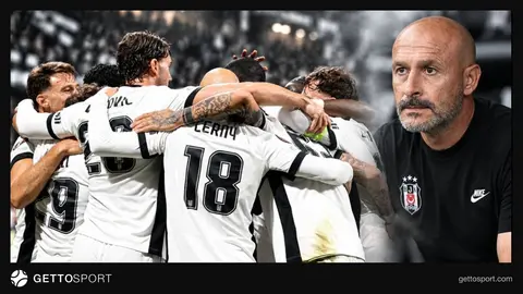 Beşiktaş oyuncuları maçta top kontrolü yaparken, teknik direktör Vincenzo Italiano kenarda talimat verirken