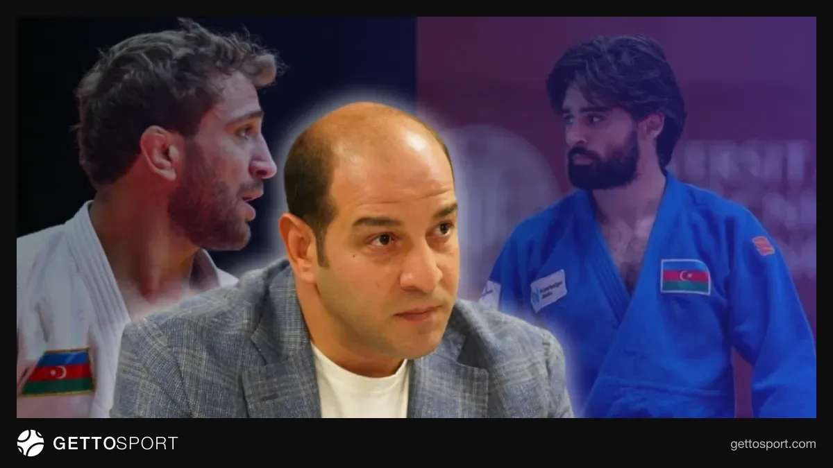 Elnur Məmmədli mətbuat konfransında, arxa planda cüdo idmançıları