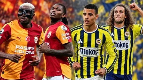 Galatasaray ve Fenerbahçe formalarıyla sahada iki futbolcu ve para sembolleri