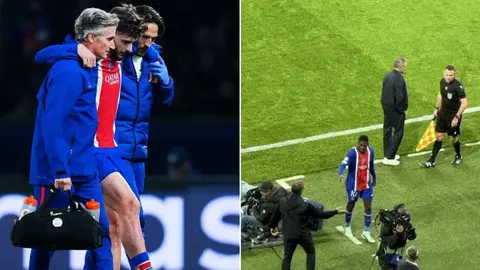 PSJ forması ilə zədələnmiş futbolçu və stadion fonu