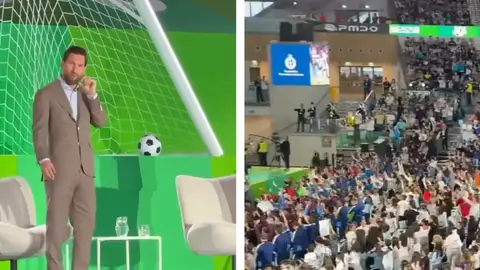 Messi Ovyedoda uşaqlara danışarkən tribunada azarkeşlər