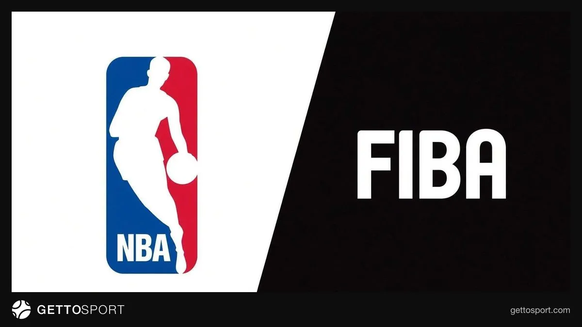 NBA ve FIBA logoları önünde ortak açıklama yapan temsilciler