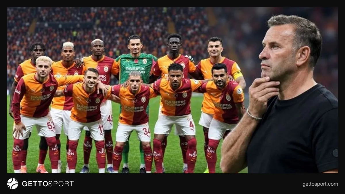 Okan Buruk takım talimat verirken, Galatasaray oyuncuları antrenmanda