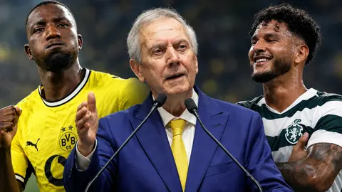 Serhou Guirassy Dortmund formasıyla ve Luis Suarez Sporting formasıyla gol sevincinde