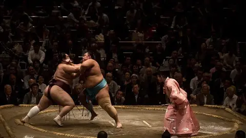 Bakı İdman Sarayında sumo döyüşü — idmançılar dohyo-da yarışır