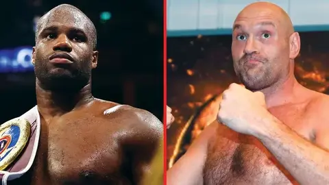 Eddi Hirn danışır, arxa planda Tayson Fyuri və Daniel Dübua şəkilləri
