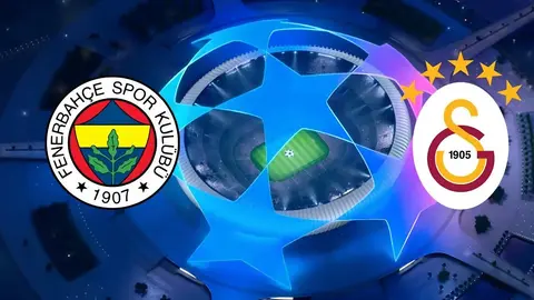 Bilgisayar ekranında Şampiyonlar Ligi simülasyonu ve Galatasaray ile Fenerbahçe logoları